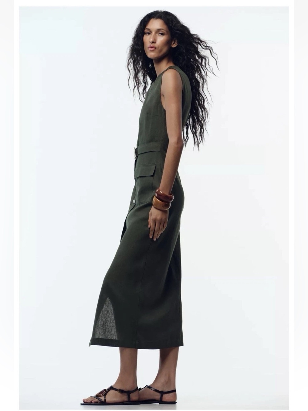 Zara Olive Green LINEN BELTED MIDI DRESS - Picture 7 of 15